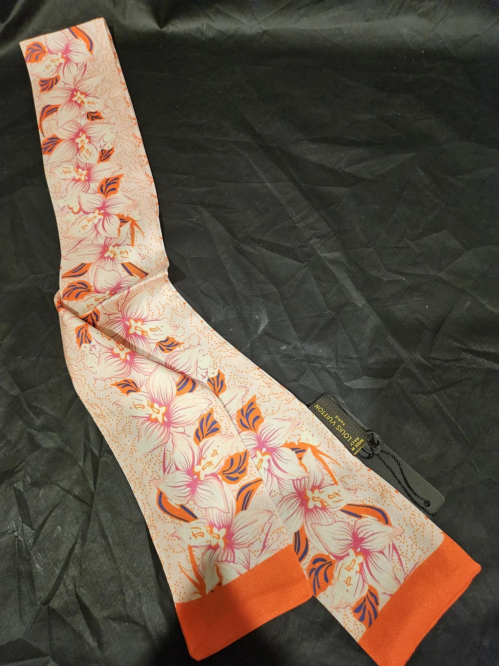 Louis Vuitton Cream Silk Scarf with Orange Monogram Motifs - Picture 5 of 6